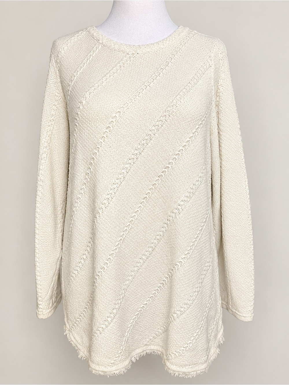 Chico’s Cream Ivory Textured Knit Pullover Sweater Long Sleeve Boho Fringe Hem